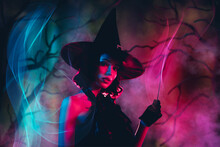Collage Magazine Banner Of Cruel Scary Mysterious Woman Wear Gothic Witch Dress Isolated Dark Gradient Color Background