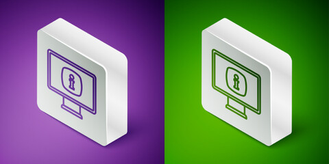 Poster - Isometric line Monitor with information icon isolated on purple and green background. Silver square button. Vector