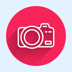 Poster - White line Photo camera icon isolated with long shadow. Foto camera. Digital photography. Red circle button. Vector