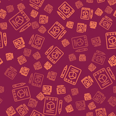Poster - Brown line Sketch on paper icon isolated seamless pattern on red background. Vector