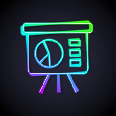 Poster - Glowing neon line Presentation financial business board with graph, schedule, chart, diagram, infographic, pie graph icon isolated on black background. Vector