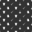 Set Bottle with potion, Moon and stars, Castle tower and Witches broom on seamless pattern. Vector