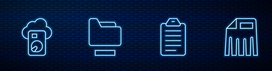 Poster - Set line To do list or planning, Cloud database, Document folder and Paper shredder. Glowing neon icon on brick wall. Vector
