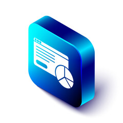 Poster - Isometric Web analytics information and development website statistic icon isolated on white background. Analysis, management, marketing, research. Blue square button. Vector