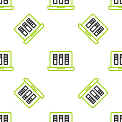 Poster - Line Sound or audio recorder or editor software on laptop icon isolated seamless pattern on white background. Vector