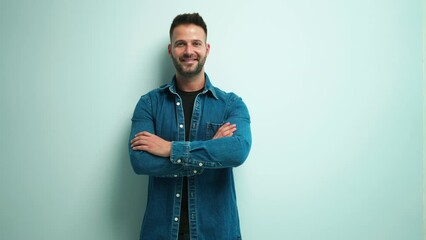 Poster - Portrait of happy casual man smiling, Young guy standing at white wall, Isolated on white background, copy space.