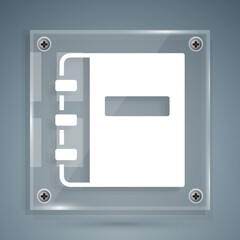 Poster - White Notebook icon isolated on grey background. Spiral notepad icon. School notebook. Writing pad. Diary for school. Square glass panels. Vector