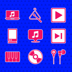 Poster - Set Musical note in speech bubble, CD or DVD disk, Air headphones, Fast forward, synthesizer, Voice assistant, Play square and Laptop with music icon. Vector