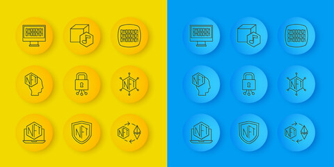 Set line Laptop with art store app, NFT Digital crypto, Cyber security, Ethereum exchange, blockchain technology, Binary code, and icon. Vector