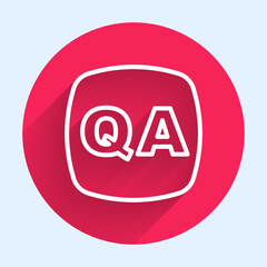 Wall Mural - White line Speech bubbles with Question and Answer icon isolated with long shadow. Q and A symbol. FAQ sign. Chat speech bubble and chart. Red circle button. Vector