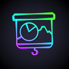 Poster - Glowing neon line Presentation board with graph, schedule, chart, diagram, infographic, pie graph icon isolated on black background. Vector