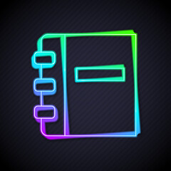Poster - Glowing neon line Notebook icon isolated on black background. Spiral notepad icon. School notebook. Writing pad. Diary for school. Vector
