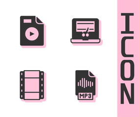 Poster - Set MP3 file document, AVI, Play Video and recorder on laptop icon. Vector