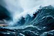 Apocalyptic dramatic background,  giant tsunami waves, dark stormy sky, Tornado. Huge waves Tsunami Big waves. 