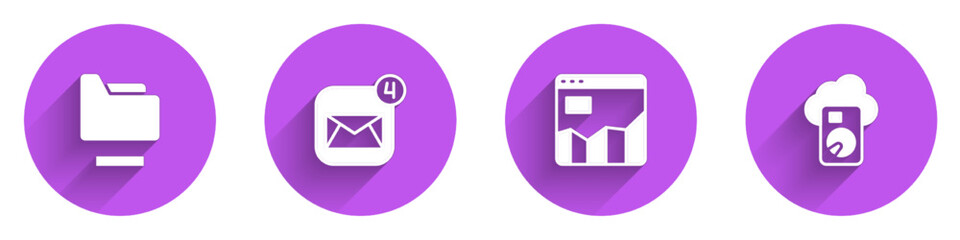Poster - Set Document folder, Envelope, Graph chart infographic and Cloud database icon with long shadow. Vector
