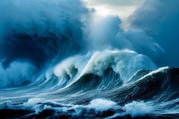 Apocalyptic dramatic background,  giant tsunami waves, dark stormy sky, Tornado. Huge waves Tsunami Big waves. 3d render
