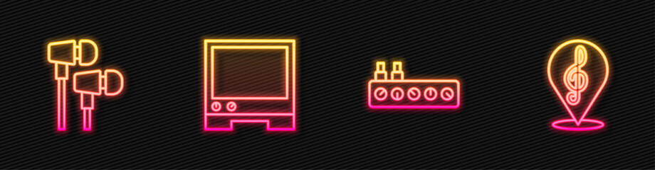 Poster - Set line Sound mixer controller, Air headphones, Voice assistant and Treble clef. Glowing neon icon. Vector