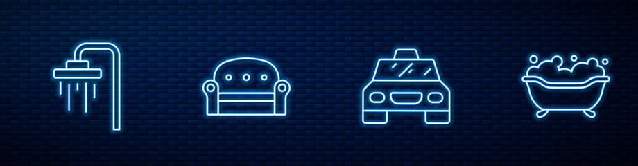 Set line Taxi car, Shower, Sofa and Bathtub. Glowing neon icon on brick wall. Vector