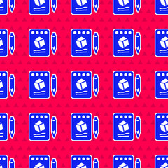 Poster - Blue Sketch on paper icon isolated seamless pattern on red background. Vector