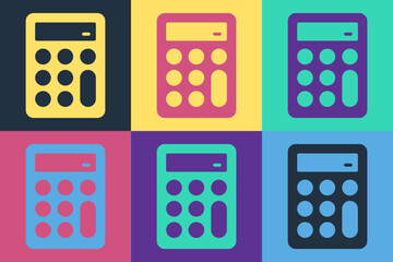 Poster - Pop art Calculator icon isolated on color background. Accounting symbol. Business calculations mathematics education and finance. Vector