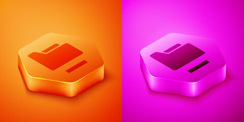 Poster - Isometric Document folder icon isolated on orange and pink background. Accounting binder symbol. Bookkeeping management. Hexagon button. Vector