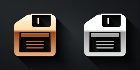 Poster - Gold and silver Floppy disk for computer data storage icon isolated on black background. Diskette sign. Long shadow style. Vector