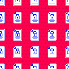 Poster - Blue Document and lock icon isolated seamless pattern on red background. File format and padlock. Security, safety, protection concept. Vector