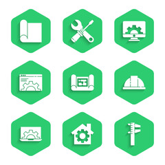 Poster - Set House plan, with gear, Calliper or caliper and scale, Worker safety helmet, Laptop, Browser setting, Computer monitor and Graphing paper for engineering icon. Vector