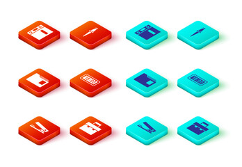 Poster - Set Office stapler, Briefcase, Document folder, Digital alarm clock, Push pin and folders icon. Vector