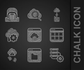 Poster - Set Cloud technology data transfer, Browser files, Server and gear, hacking, and Hangar with servers icon. Vector