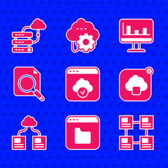 Poster - Set Cloud technology data transfer, Browser files, Hierarchy organogram chart, Search concept with folder, Monitor graph and Network cloud connection icon. Vector