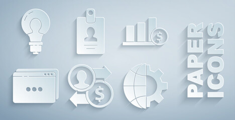 Poster - Set Job promotion exchange money, Pie chart infographic and dollar, Website template, Globe of the Earth gear, Identification badge and Light bulb with concept idea icon. Vector