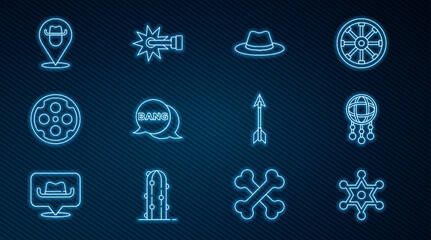 Poster - Set line Hexagram sheriff, Dream catcher with feathers, Western cowboy hat, Bang boom, gun Comic, Revolver cylinder, Location, Crossed arrows and Spur icon. Vector