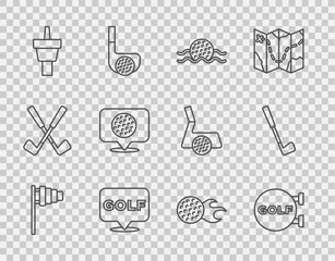 Set line Golf flag, sport club, ball in water, label, tee, and icon. Vector