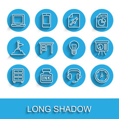 Poster - Set line Archive papers drawer, Inkwell, Laptop, Headphones, Clock, Office desk, Board with graph and Light bulb icon. Vector
