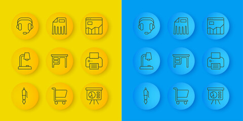 Poster - Set line Fountain pen nib, Table lamp, Office desk, Board with graph, Printer, Headphones, Graph chart infographic and Paper shredder icon. Vector