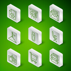 Poster - Set line Delete file document, Shopping cart, Document settings, USB flash drive, Mountains with flag on top, Board graph, Identification badge and Office chair icon. Vector