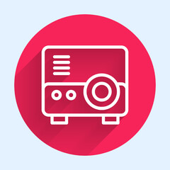 Poster - White line Presentation, movie, film, media projector icon isolated with long shadow. Red circle button. Vector