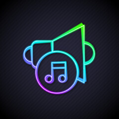 Poster - Glowing neon line Speaker volume, audio voice sound symbol, media music icon isolated on black background. Vector
