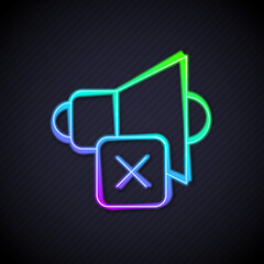 Aufkleber - Glowing neon line Speaker mute icon isolated on black background. No sound icon. Volume Off symbol. Vector