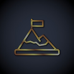 Poster - Gold line Mountains with flag on top icon isolated on black background. Symbol of victory or success concept. Goal achievement. Vector