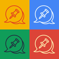 Poster - Pop art line Push pin icon isolated on color background. Thumbtacks sign. Vector