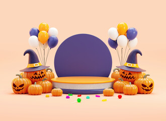 Wall Mural - Happy Halloween podium platform with party stuff for flyer or greeting card background design in 3D rendering