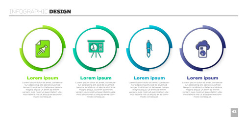 Poster - Set Note paper with push button, Board graph, Fountain pen nib and Cloud database. Business infographic template. Vector