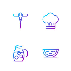 Sticker - Set line Watermelon, Jug glass with water, Wine corkscrew and Chef hat. Gradient color icons. Vector