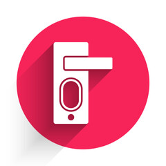 Aufkleber - White Fingerprint door lock icon isolated with long shadow. ID app icon. Identification sign. Touch id. Red circle button. Vector