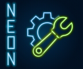 Poster - Glowing neon line Wrench spanner and gear icon isolated on black background. Adjusting, service, setting, maintenance, repair, fixing. Colorful outline concept. Vector Illustration