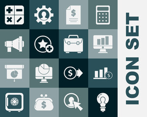 Poster - Set Light bulb with concept of idea, Pie chart infographic and dollar, Monitor, Contract money, Star, Megaphone, Calculator and Briefcase icon. Vector