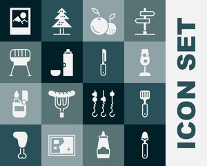 Sticker - Set Spoon, Spatula, Wine glass, Fruit, Thermos container, Barbecue grill, Photo frame and Knife icon. Vector