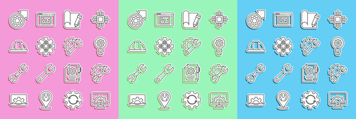 Set line Computer monitor and gear, Wrench spanner, Light bulb, Graphing paper pencil, Processor, Worker safety helmet, Gear arrows as workflow process and icon. Vector